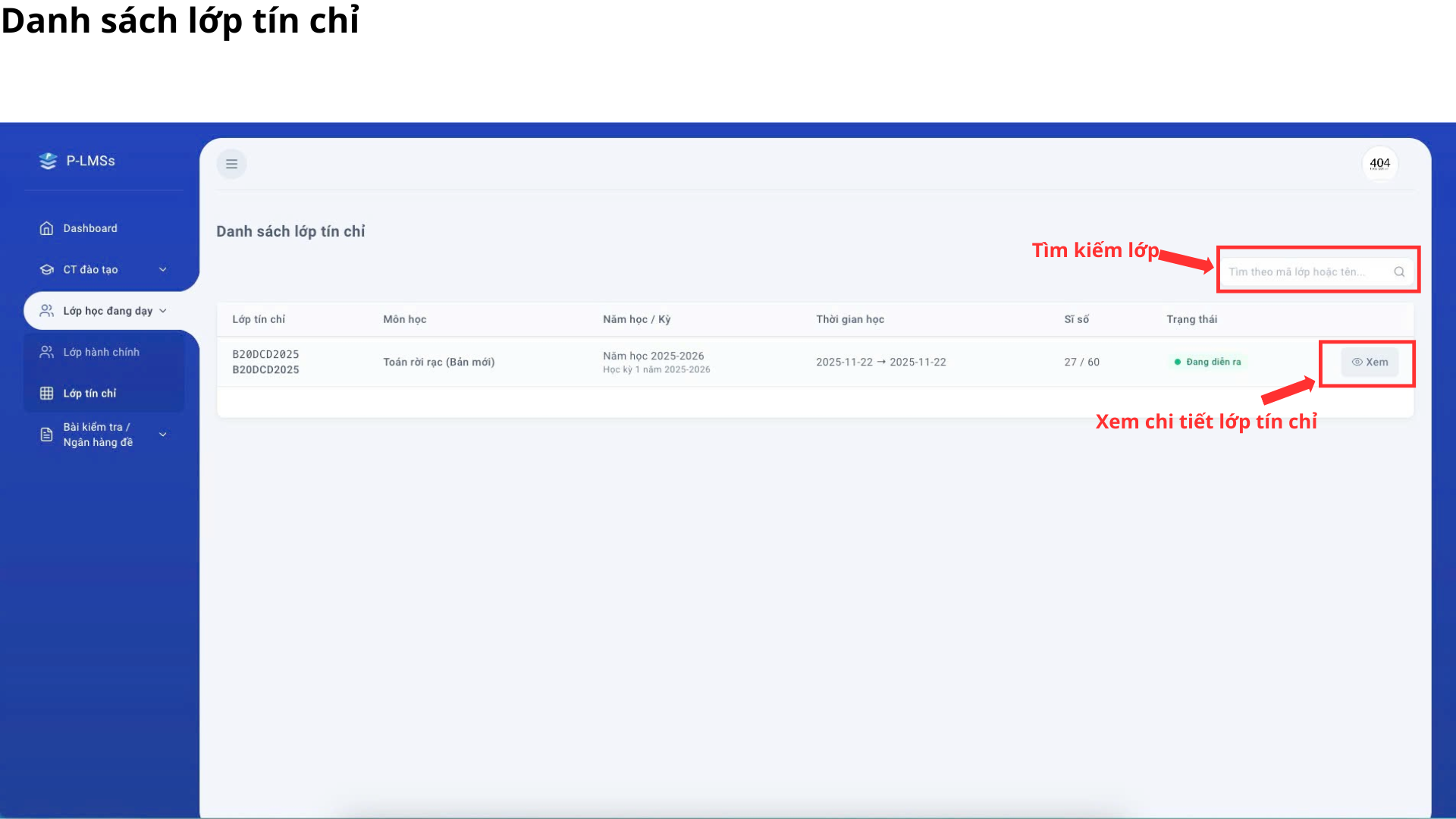 Chi tiết lớp tín chỉ — danh sách sinh viên, tiến trình học bài, gán sinh viên